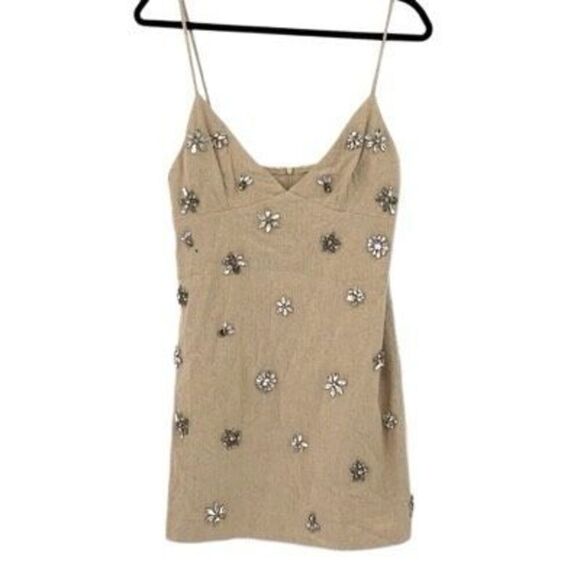 Zara Viral Blogger Favorite Linen Blend Embellished Spaghetti Strap V-Neck Mini - Picture 2 of 13